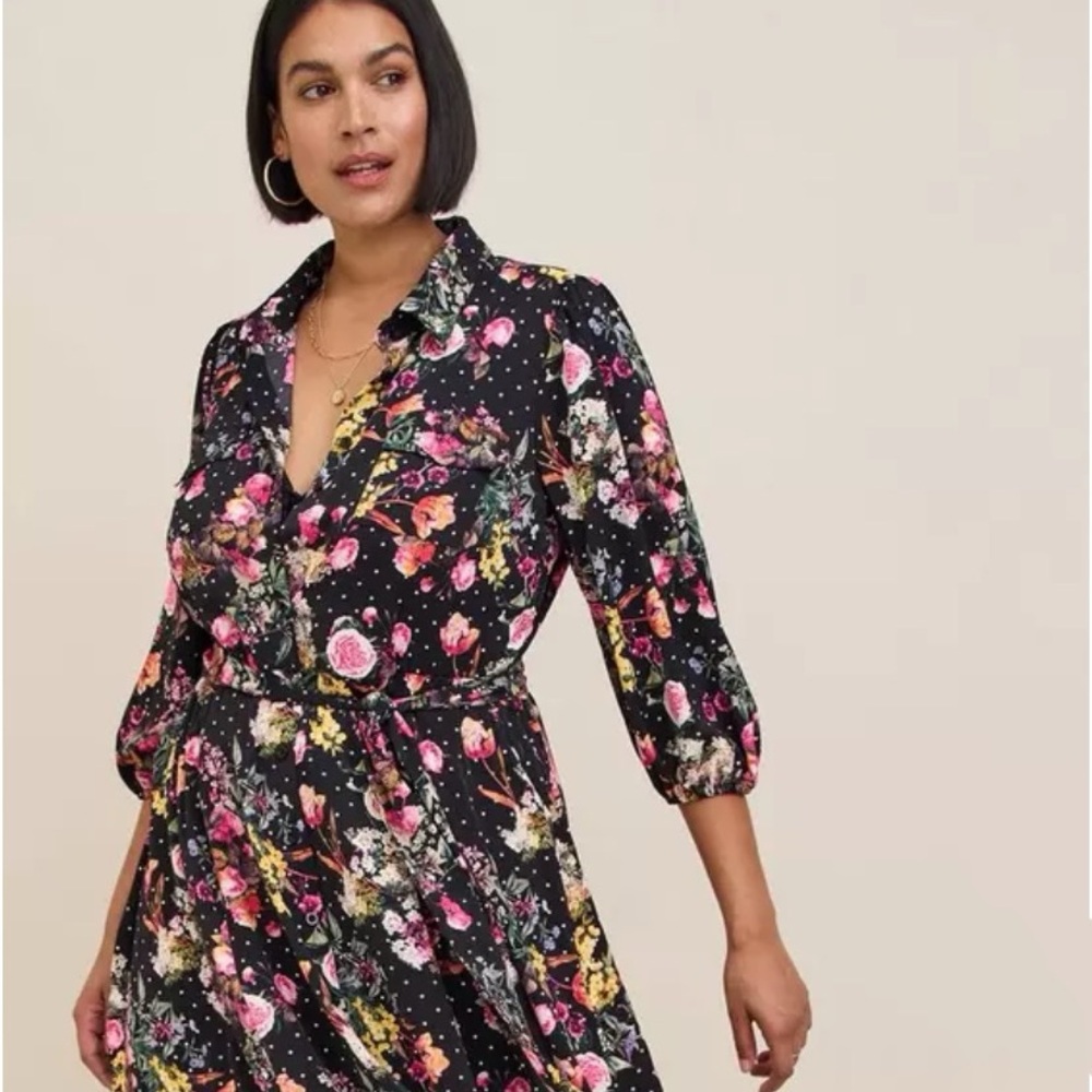 Torrid Tea Length Floral Polka Dot Shirt Dress Button Front Size 18/20 (2)